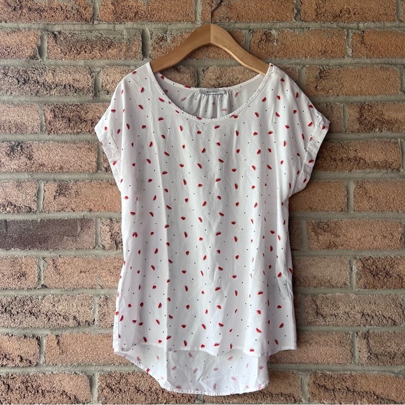 mandee Tops - MANDEE | White & red short sleeve crew neck spring summer blouse t-shirt top